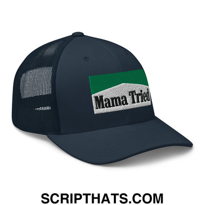 Mama Tried Cigarette Menthol Green Embroidered Mesh Trucker Hat Navy