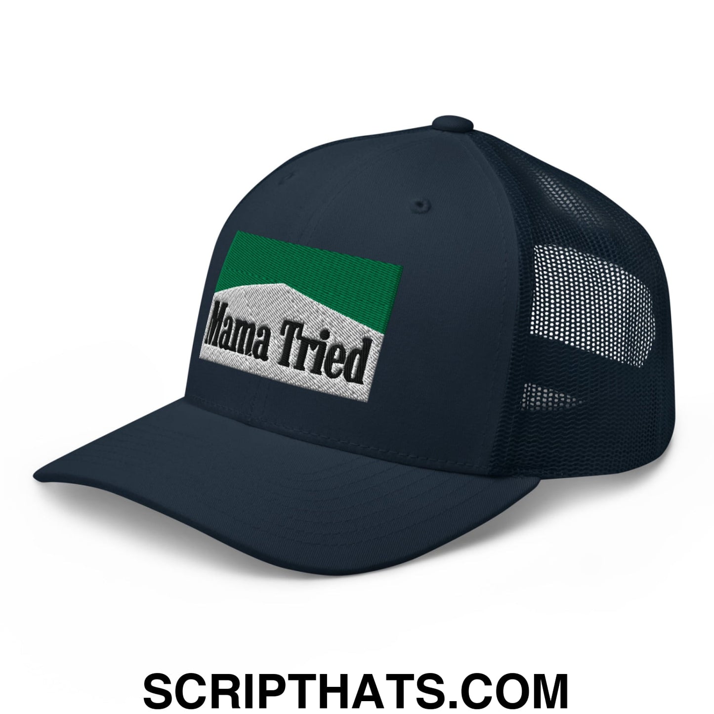 Mama Tried Cigarette Menthol Green Embroidered Mesh Trucker Hat Navy