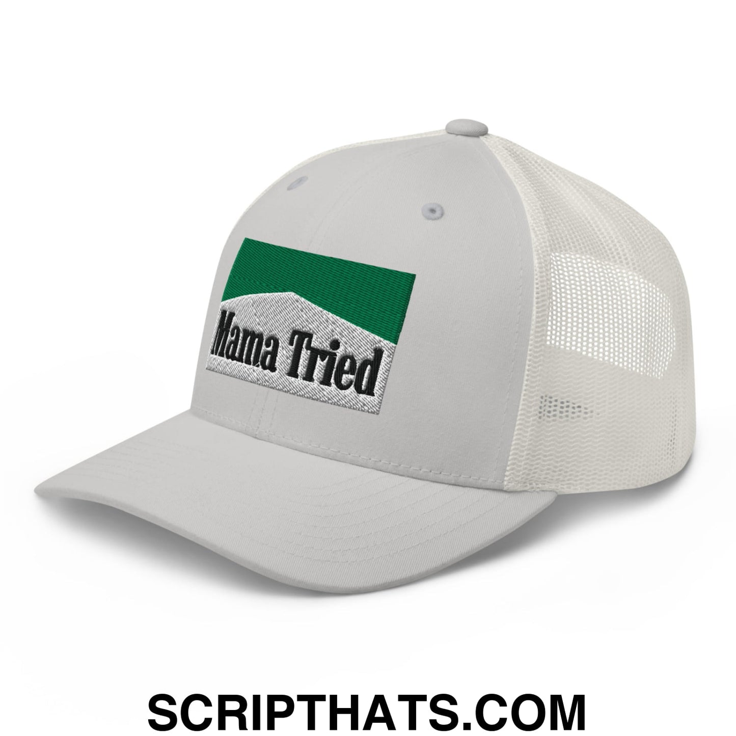 Mama Tried Cigarette Menthol Green Embroidered Mesh Trucker Hat Silver
