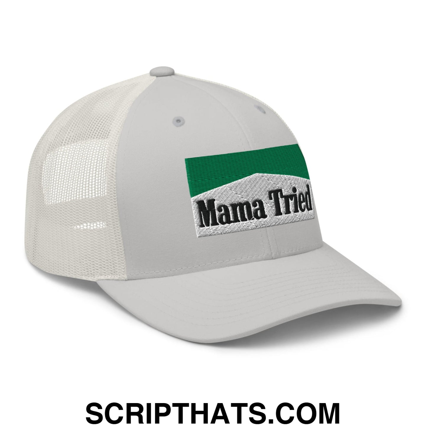 Mama Tried Cigarette Menthol Green Embroidered Mesh Trucker Hat Silver