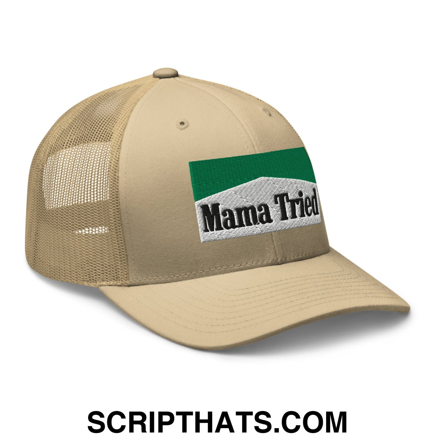 Mama Tried Cigarette Menthol Green Embroidered Mesh Trucker Hat Khaki