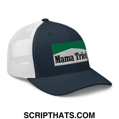 Mama Tried Cigarette Menthol Green Embroidered Mesh Trucker Hat Navy White