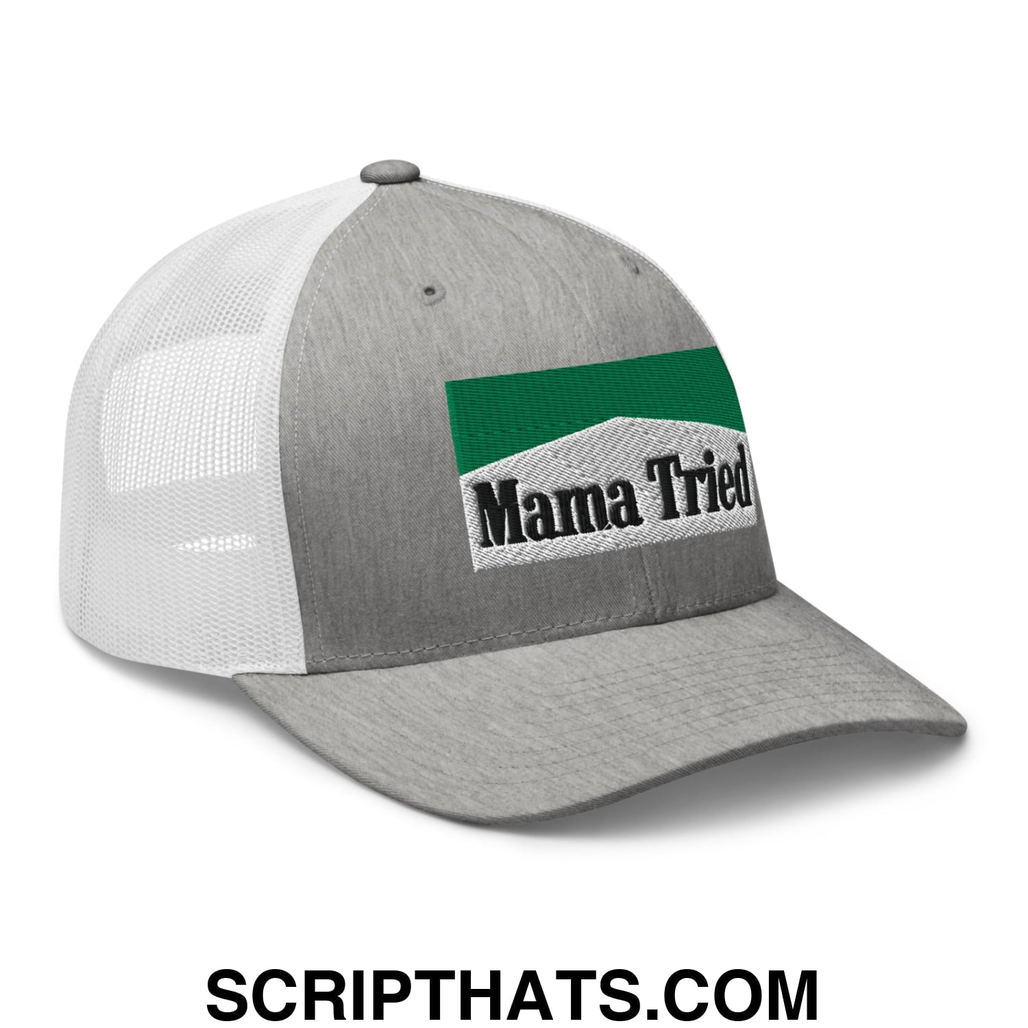 Mama Tried Cigarette Menthol Green Embroidered Mesh Trucker Hat Heather Grey White