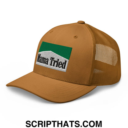 Mama Tried Cigarette Menthol Green Embroidered Mesh Trucker Hat Caramel