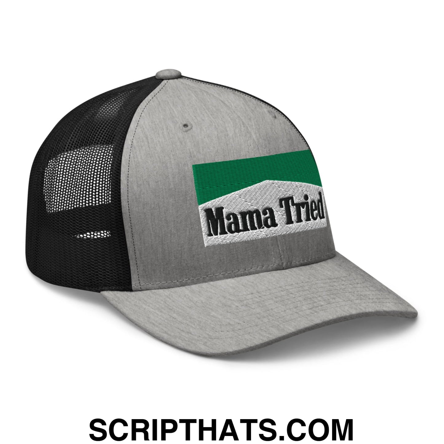 Mama Tried Cigarette Menthol Green Embroidered Mesh Trucker Hat Heather Black