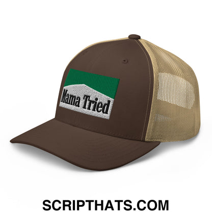 Mama Tried Cigarette Menthol Green Embroidered Mesh Trucker Hat Brown Khaki