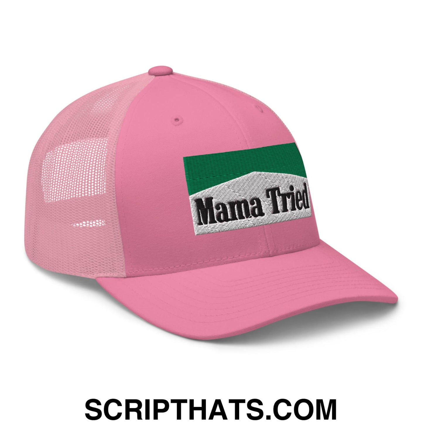 Mama Tried Cigarette Menthol Green Embroidered Mesh Trucker Hat Pink