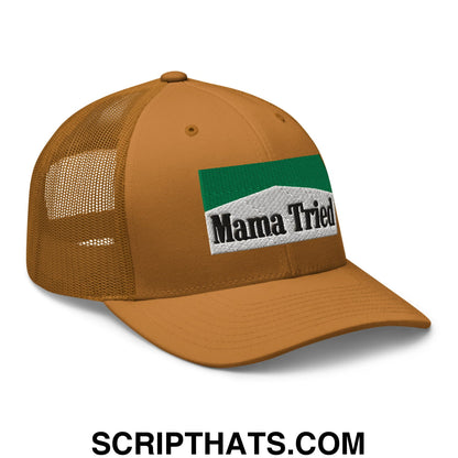 Mama Tried Cigarette Menthol Green Embroidered Mesh Trucker Hat Caramel