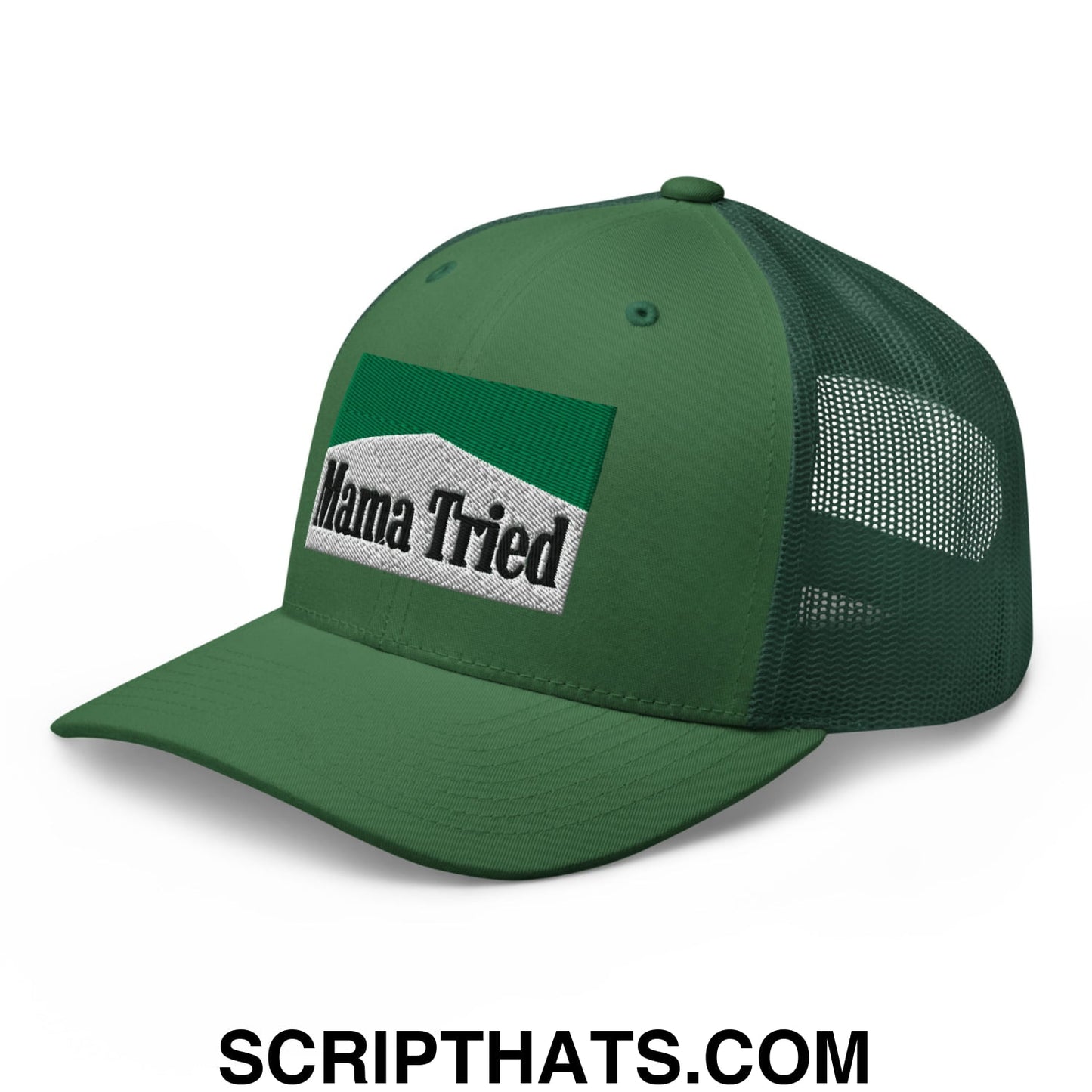 Mama Tried Cigarette Menthol Green Embroidered Mesh Trucker Hat Evergreen