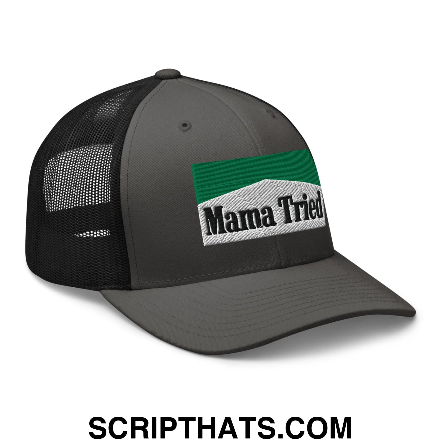 Mama Tried Cigarette Menthol Green Embroidered Mesh Trucker Hat Charcoal Black