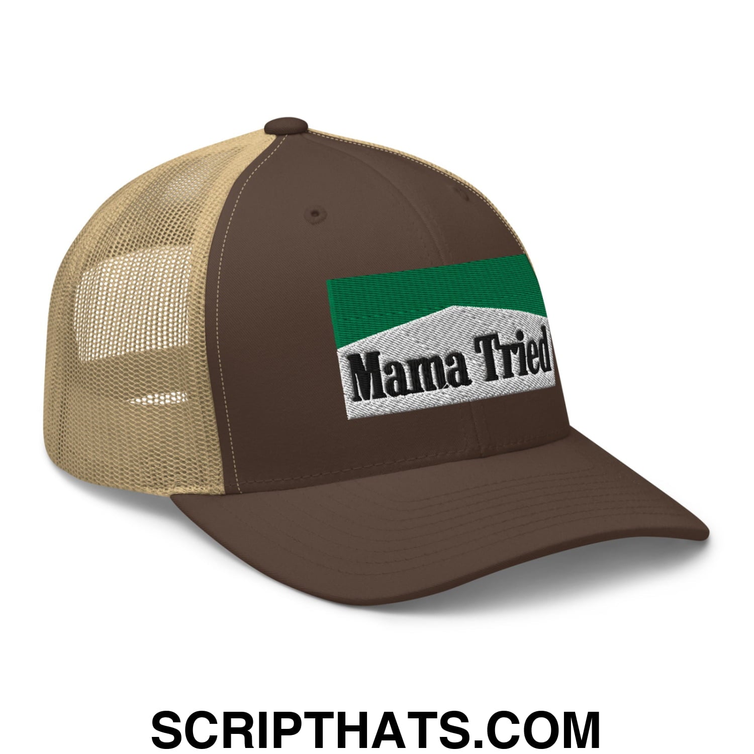 Mama Tried Cigarette Menthol Green Embroidered Mesh Trucker Hat Brown Khaki