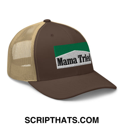 Mama Tried Cigarette Menthol Green Embroidered Mesh Trucker Hat Brown Khaki