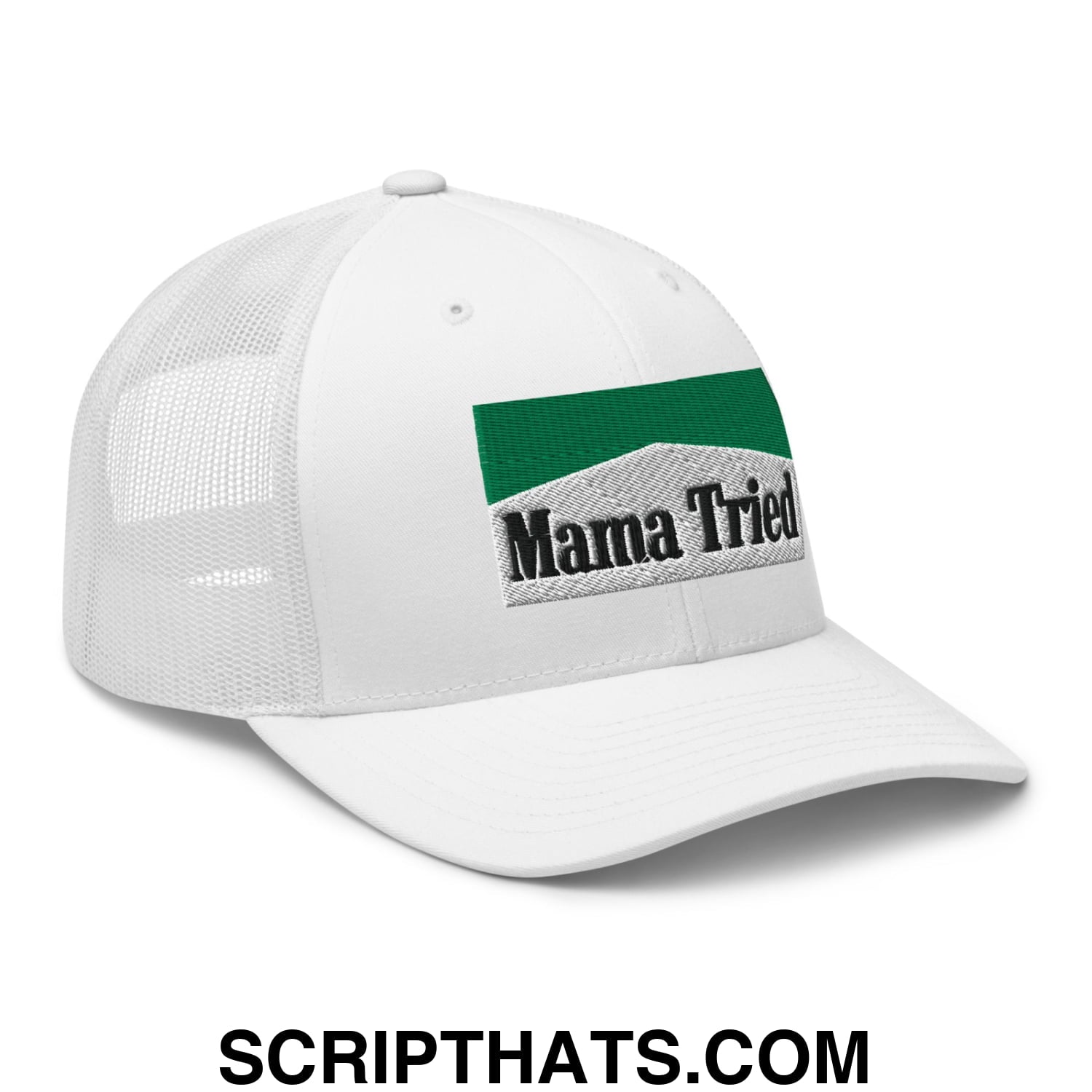 Mama Tried Cigarette Menthol Green Embroidered Mesh Trucker Hat White