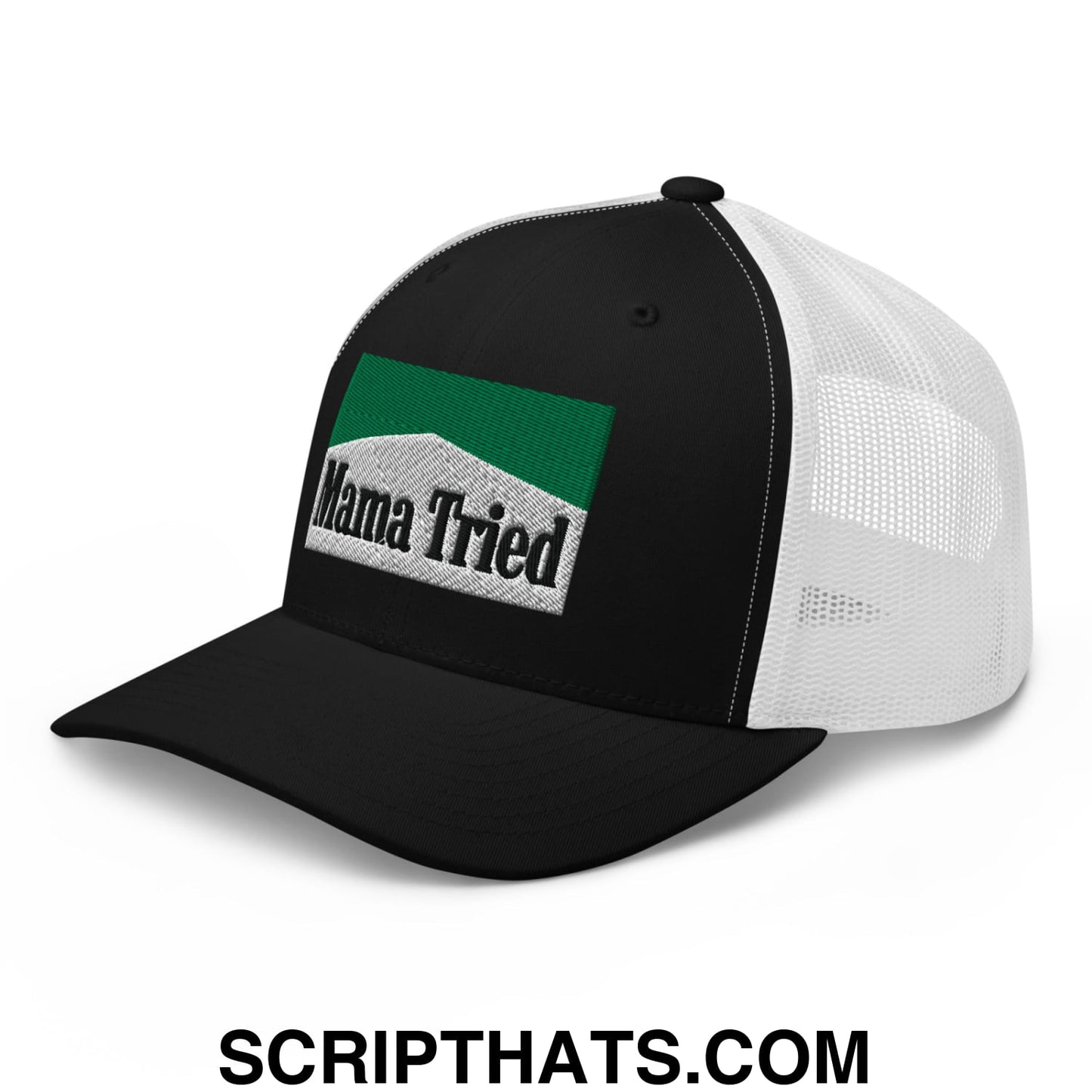 Mama Tried Cigarette Menthol Green Embroidered Mesh Trucker Hat Black White