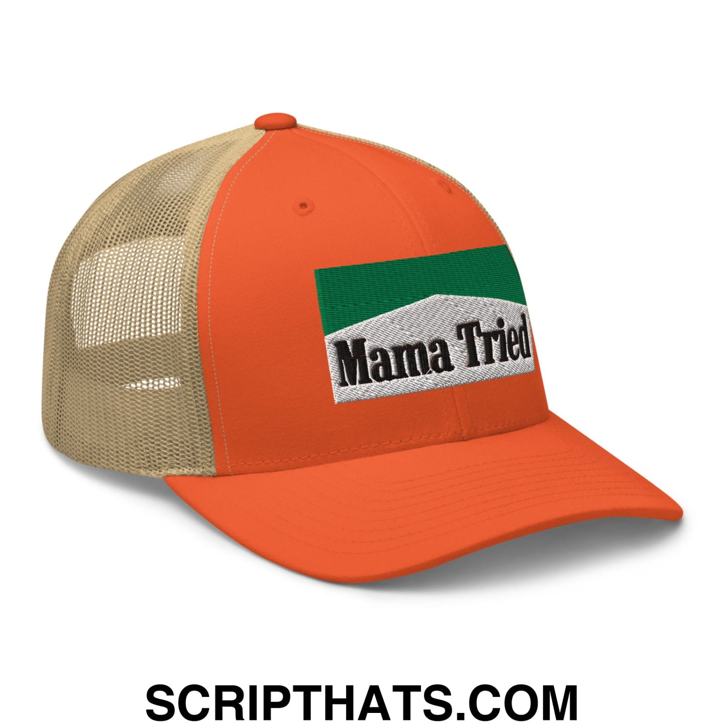 Mama Tried Cigarette Menthol Green Embroidered Mesh Trucker Hat Rustic Orange Khaki
