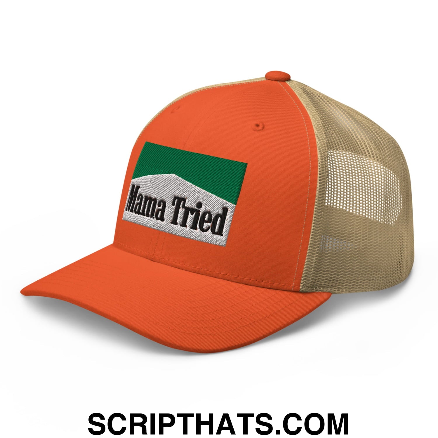 Mama Tried Cigarette Menthol Green Embroidered Mesh Trucker Hat Rustic Orange Khaki