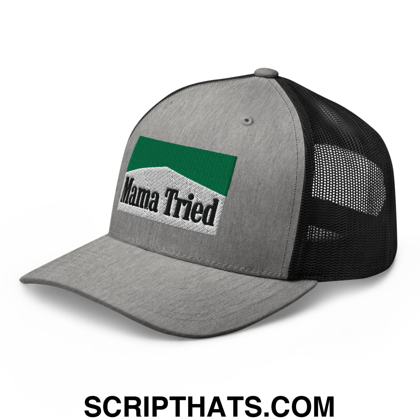 Mama Tried Cigarette Menthol Green Embroidered Mesh Trucker Hat Heather Black