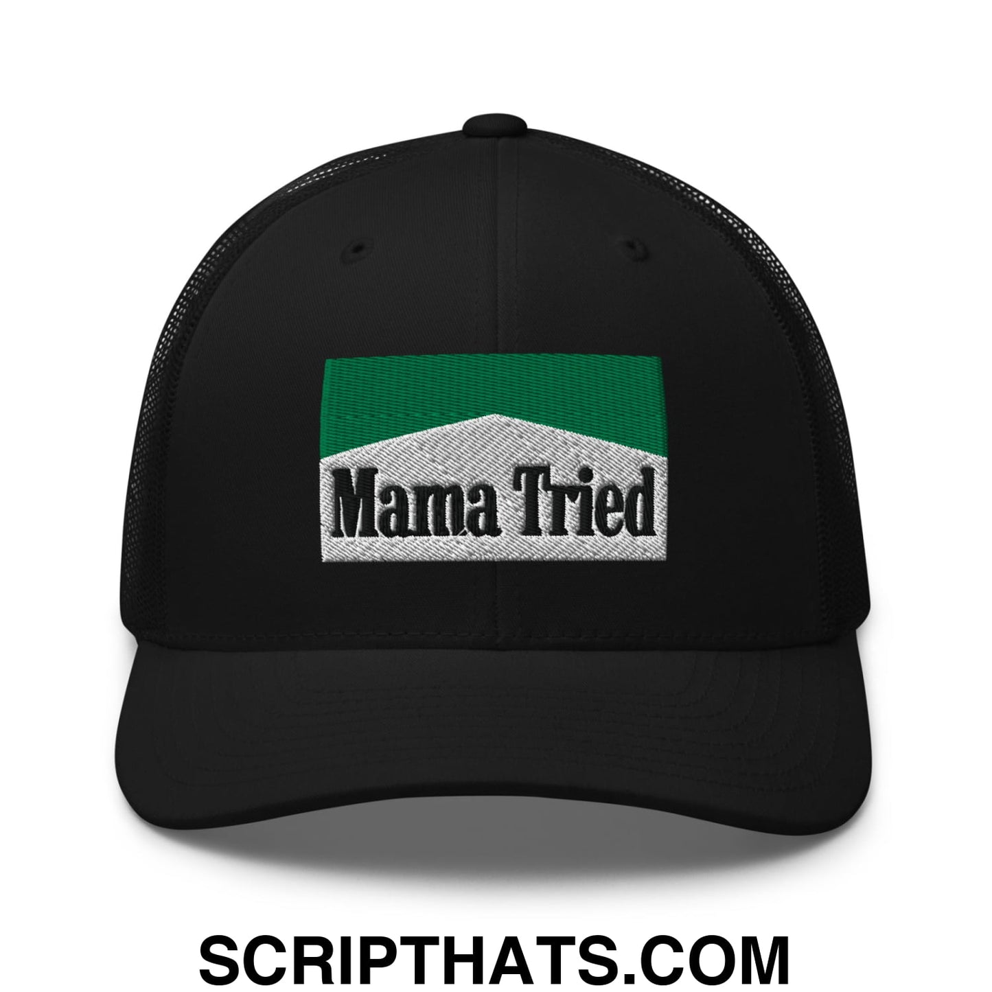 Mama Tried Cigarette Menthol Green Embroidered Mesh Trucker Hat Black
