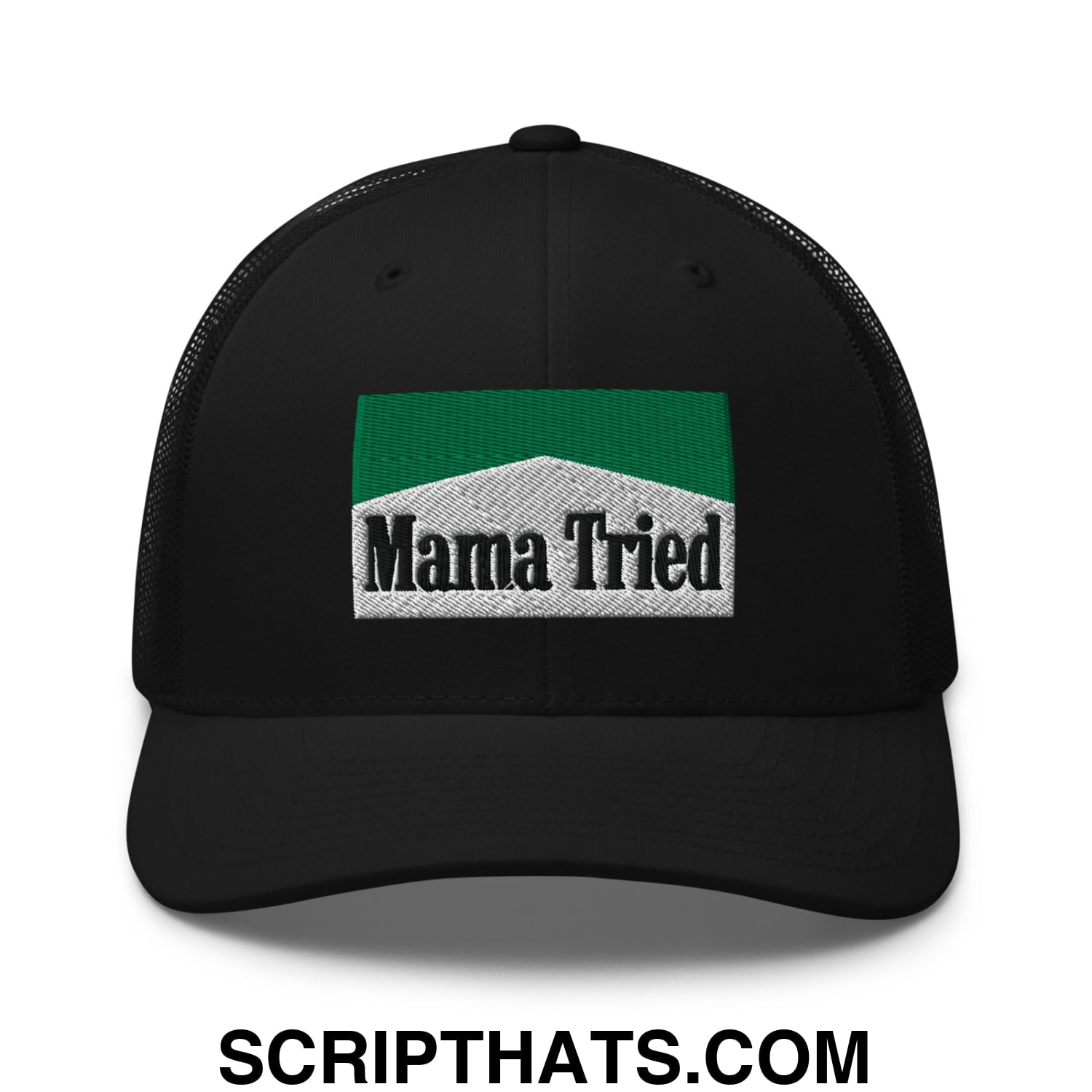 Mama Tried Cigarette Menthol Green Embroidered Mesh Trucker Hat Black