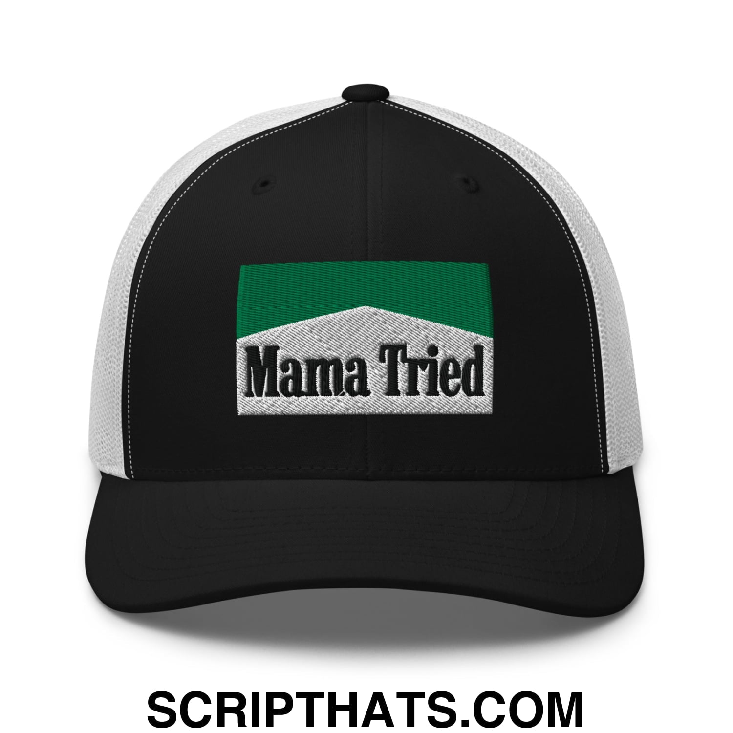 Mama Tried Cigarette Menthol Green Embroidered Mesh Trucker Hat Black White