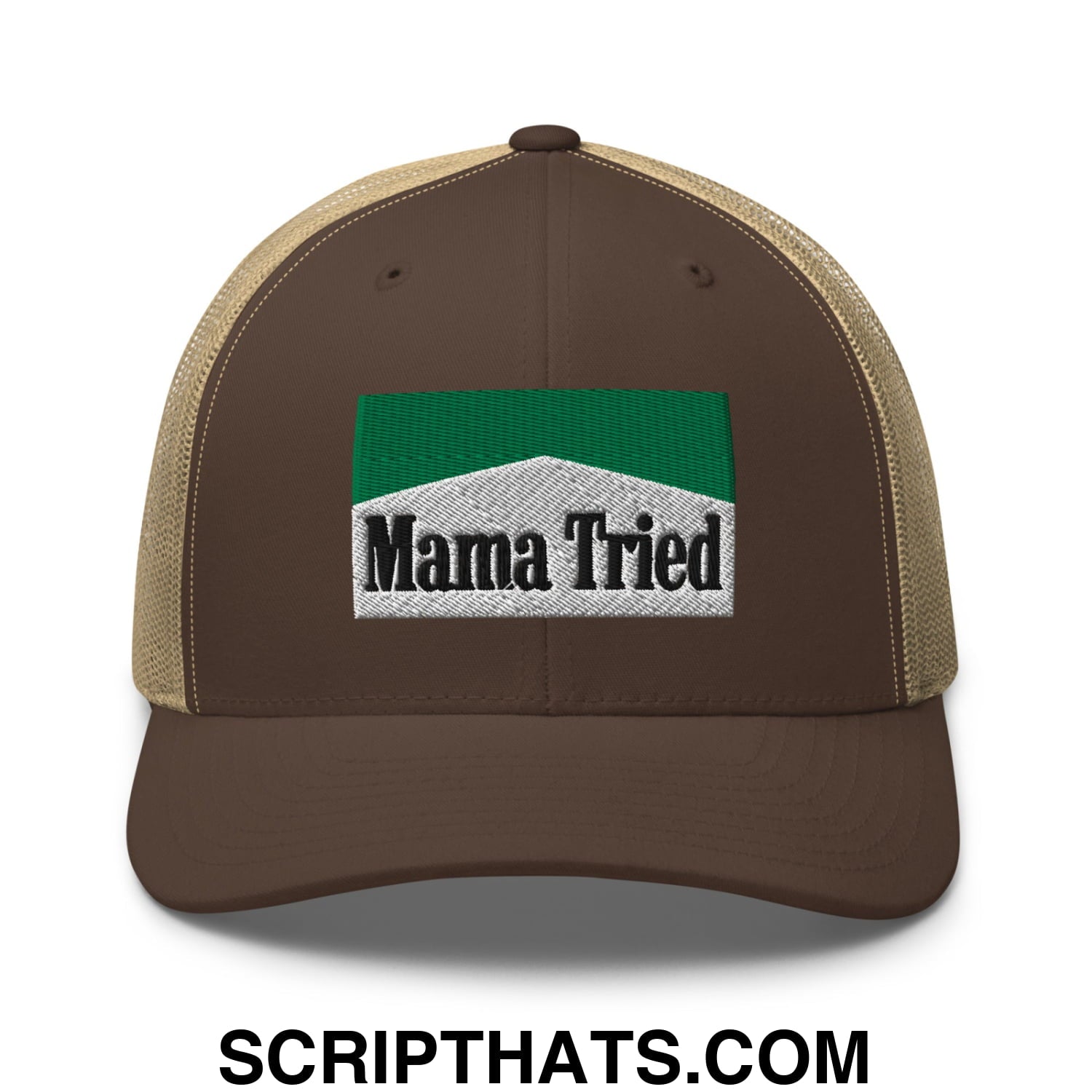 Mama Tried Cigarette Menthol Green Embroidered Mesh Trucker Hat Brown Khaki