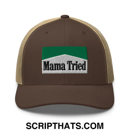 Mama Tried Cigarette Menthol Green Embroidered Mesh Trucker Hat Brown Khaki