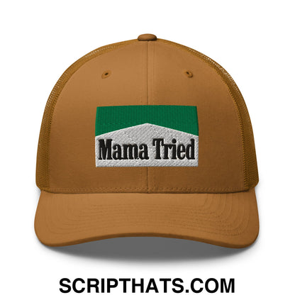 Mama Tried Cigarette Menthol Green Embroidered Mesh Trucker Hat Caramel