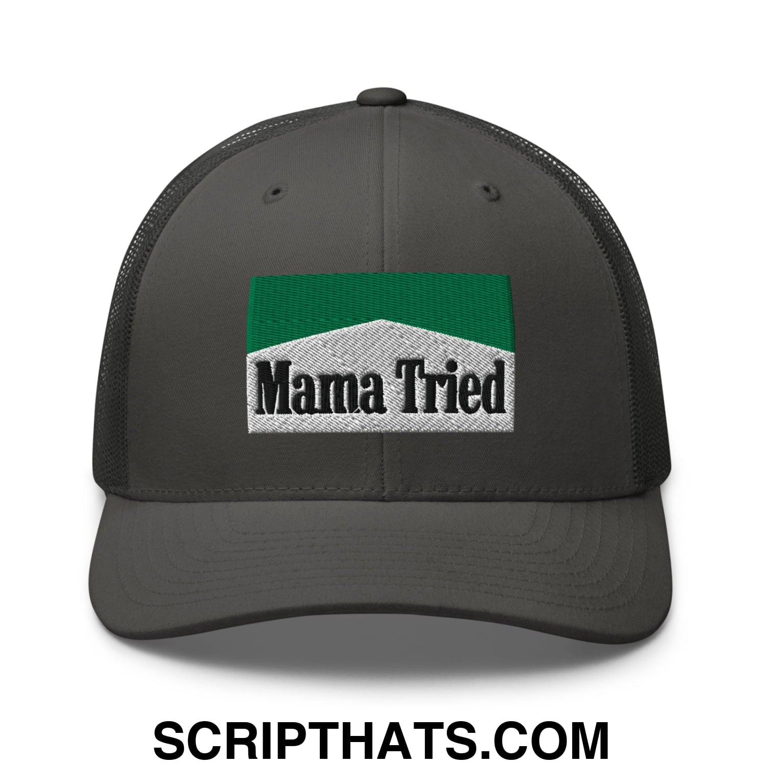 Mama Tried Cigarette Menthol Green Embroidered Mesh Trucker Hat Charcoal