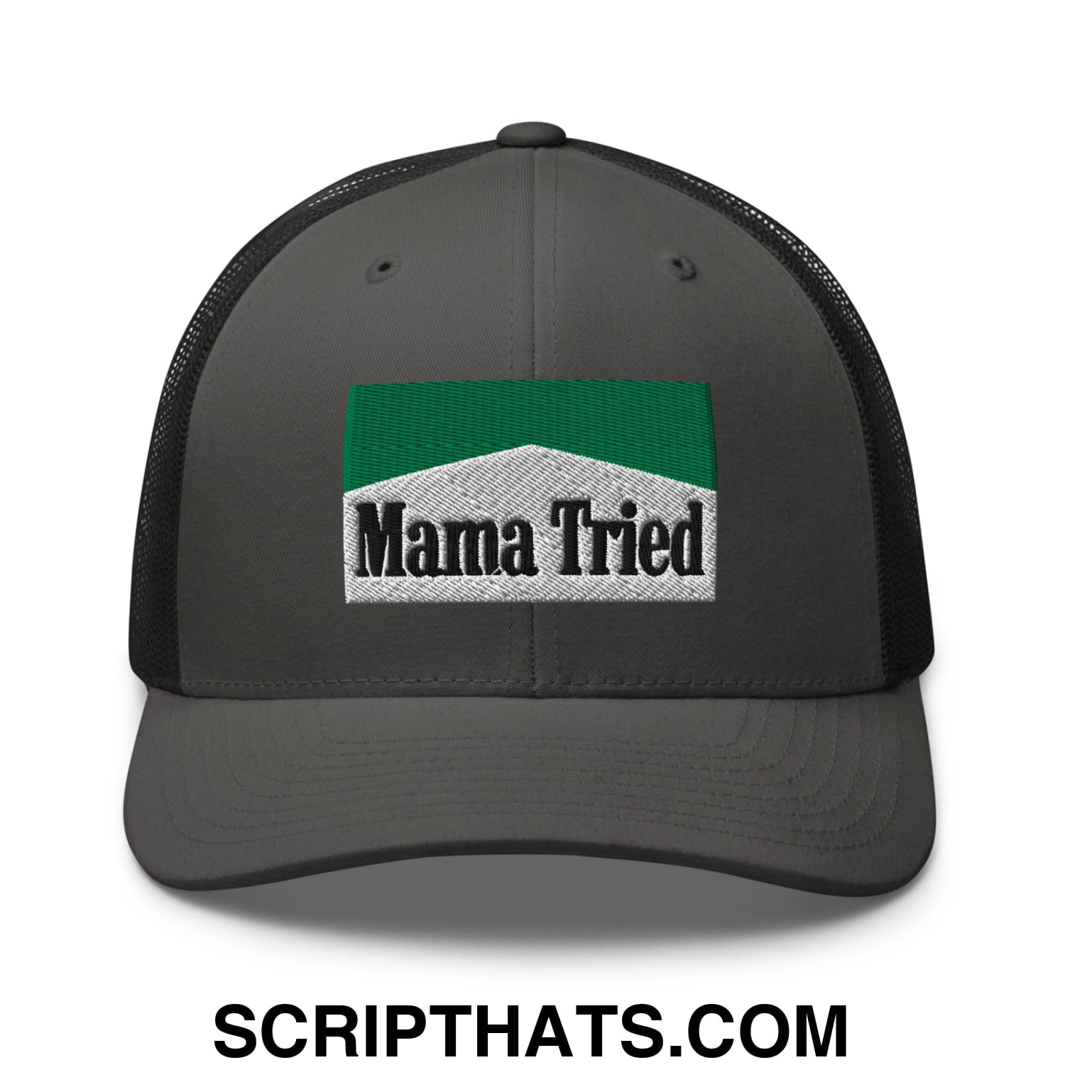 Mama Tried Cigarette Menthol Green Embroidered Mesh Trucker Hat Charcoal Black
