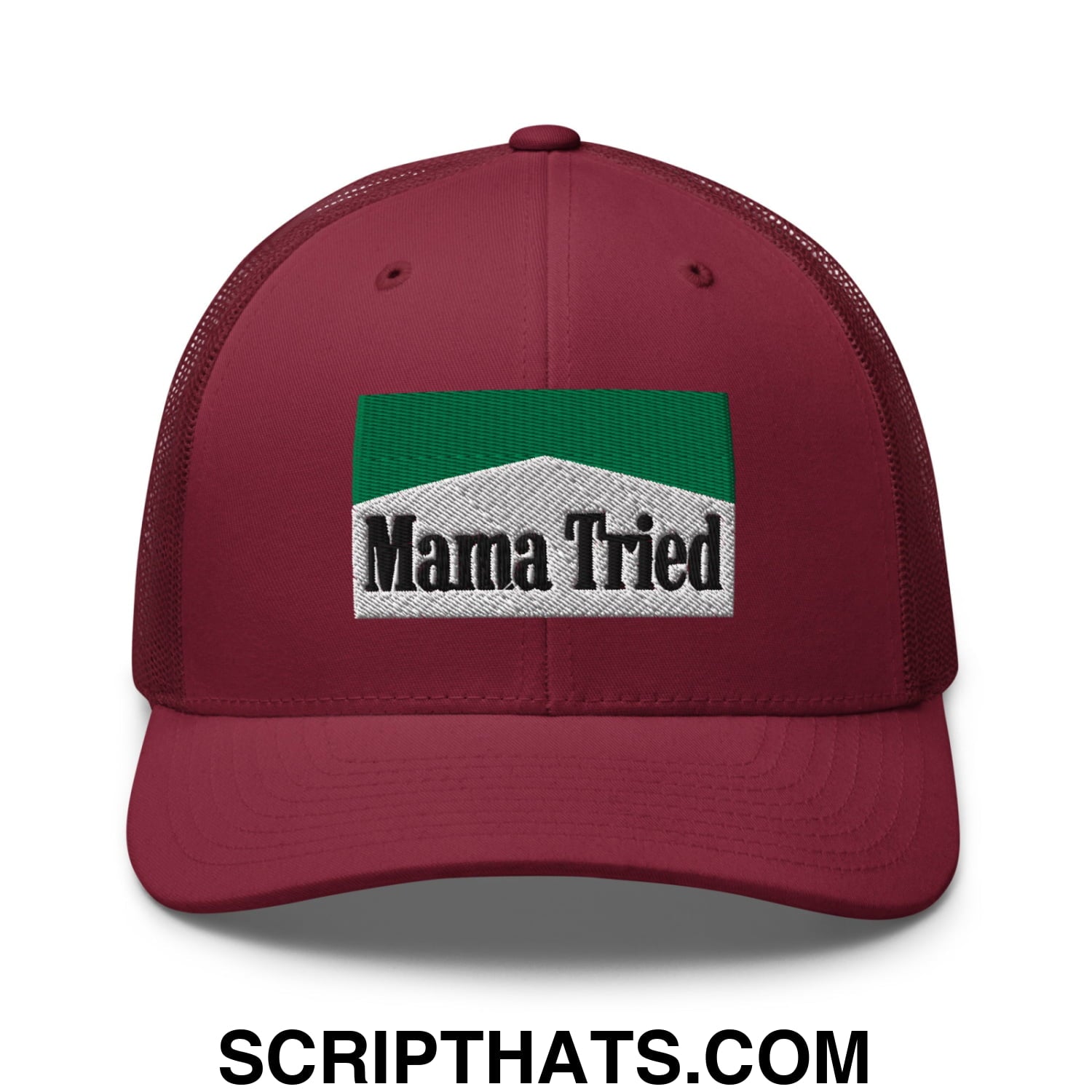 Mama Tried Cigarette Menthol Green Embroidered Mesh Trucker Hat Cranberry