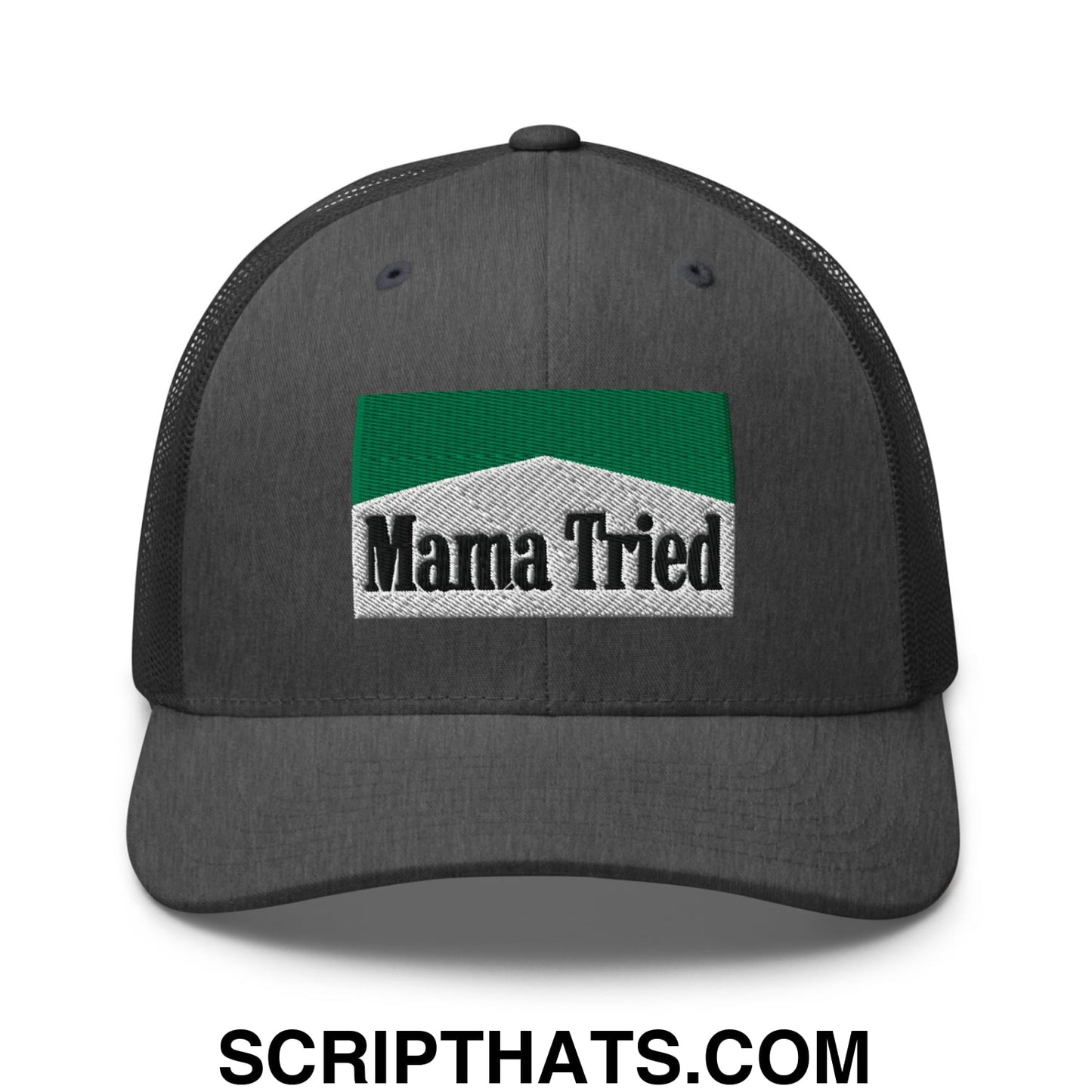 Mama Tried Cigarette Menthol Green Embroidered Mesh Trucker Hat Dark Heather Gray