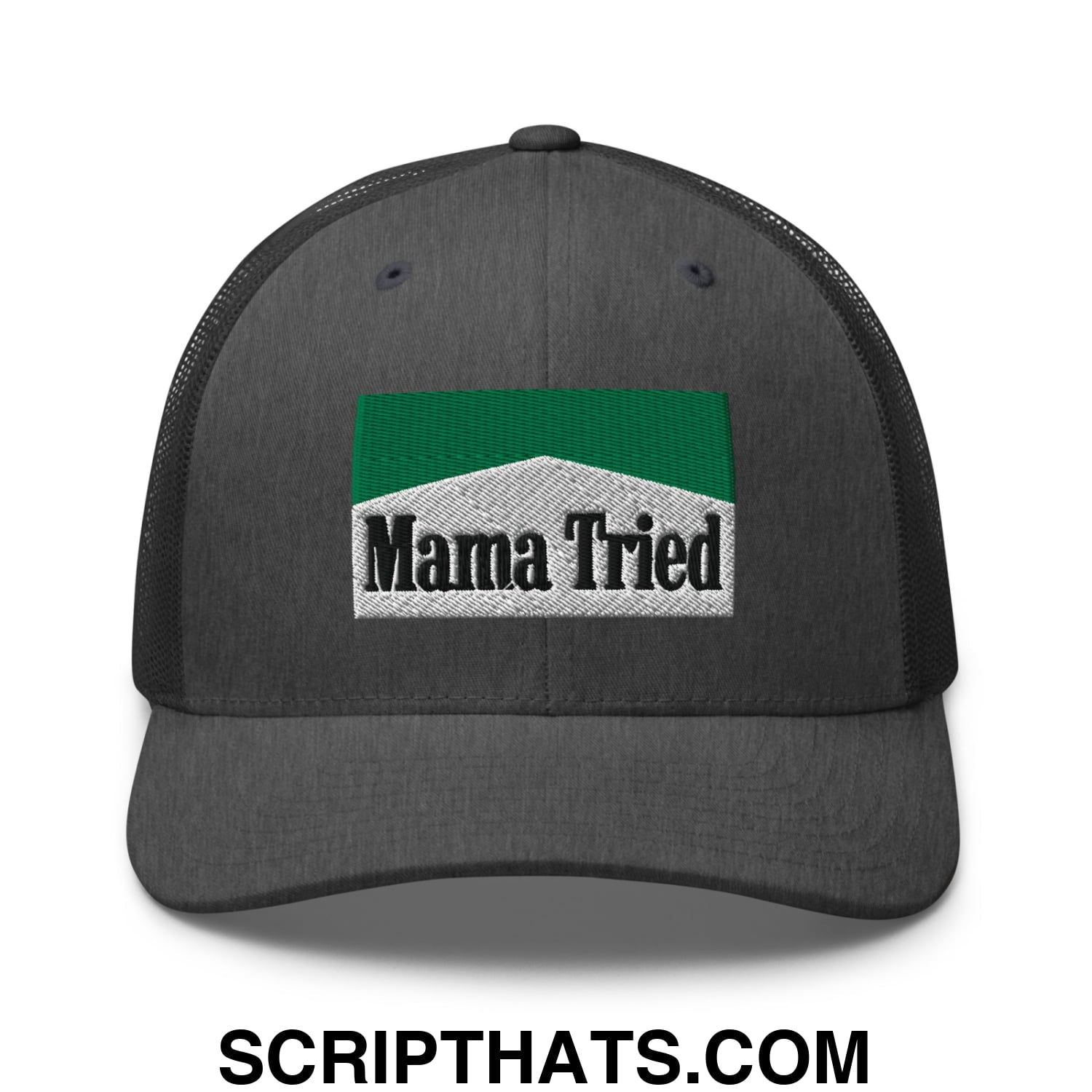 Mama Tried Cigarette Menthol Green Embroidered Mesh Trucker Hat Dark Heather Gray