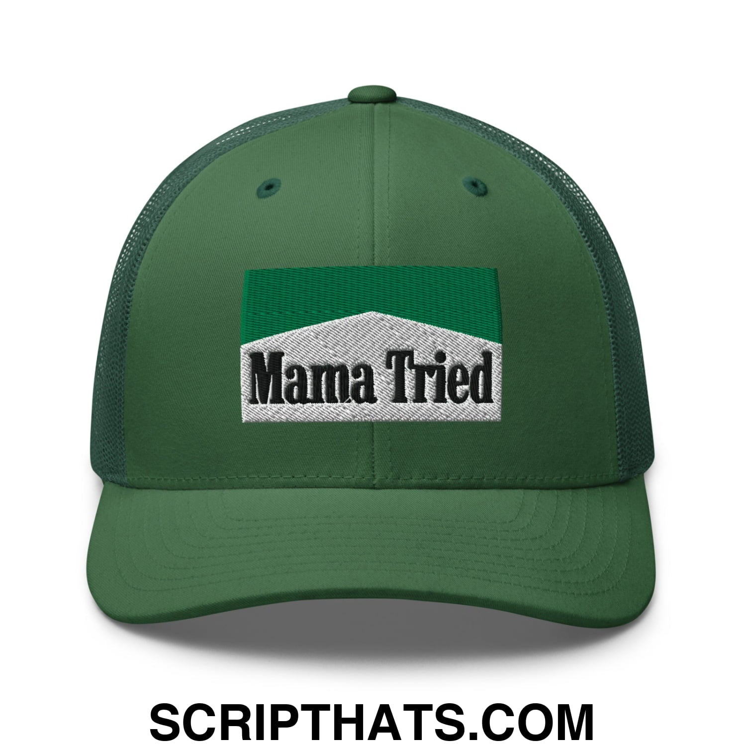 Mama Tried Cigarette Menthol Green Embroidered Mesh Trucker Hat Evergreen