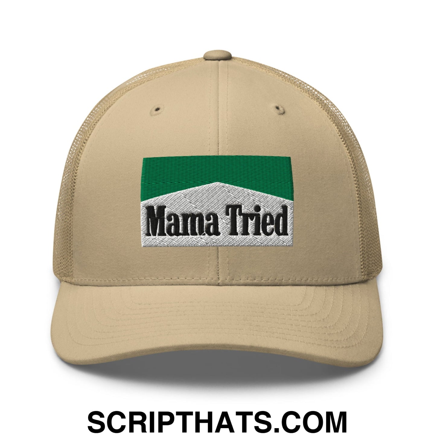Mama Tried Cigarette Menthol Green Embroidered Mesh Trucker Hat Khaki
