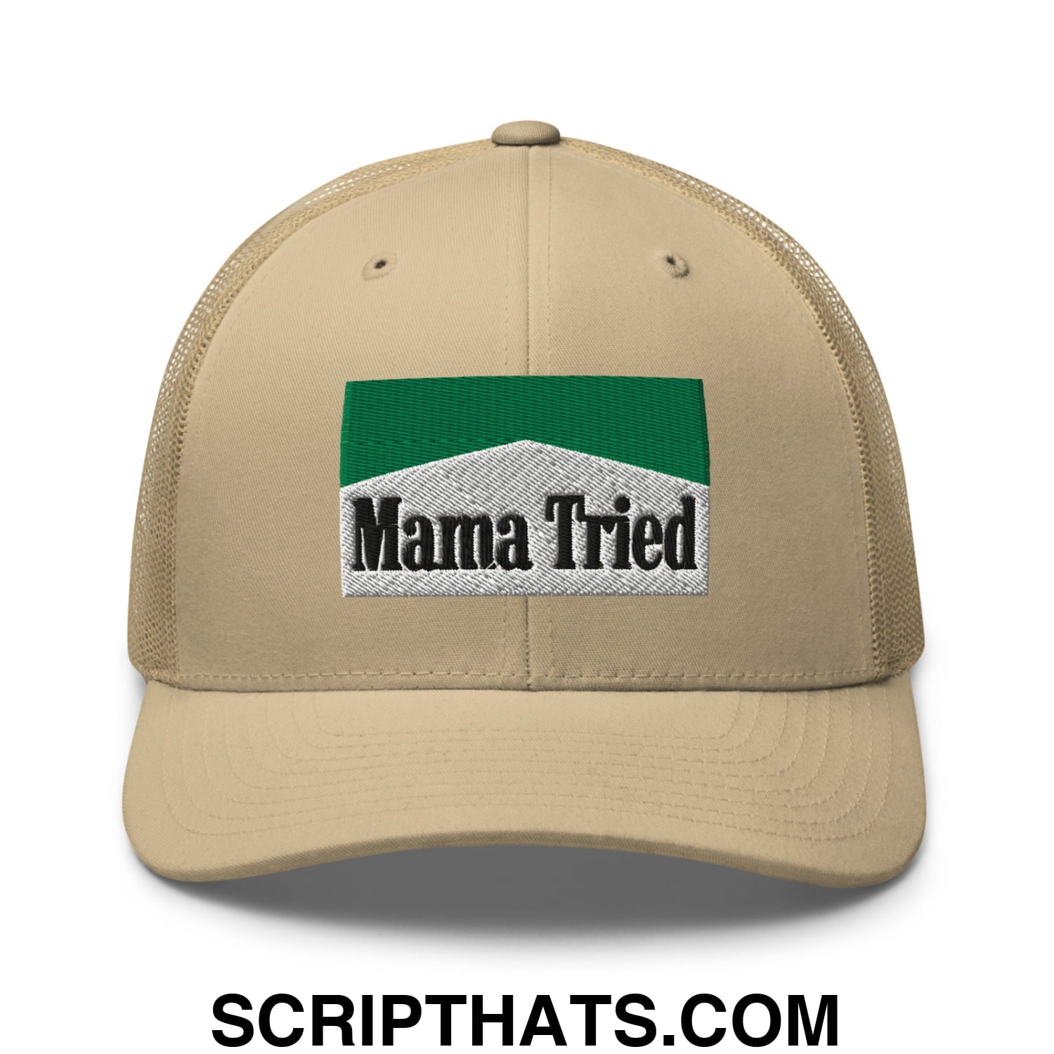 Mama Tried Cigarette Menthol Green Embroidered Mesh Trucker Hat Khaki