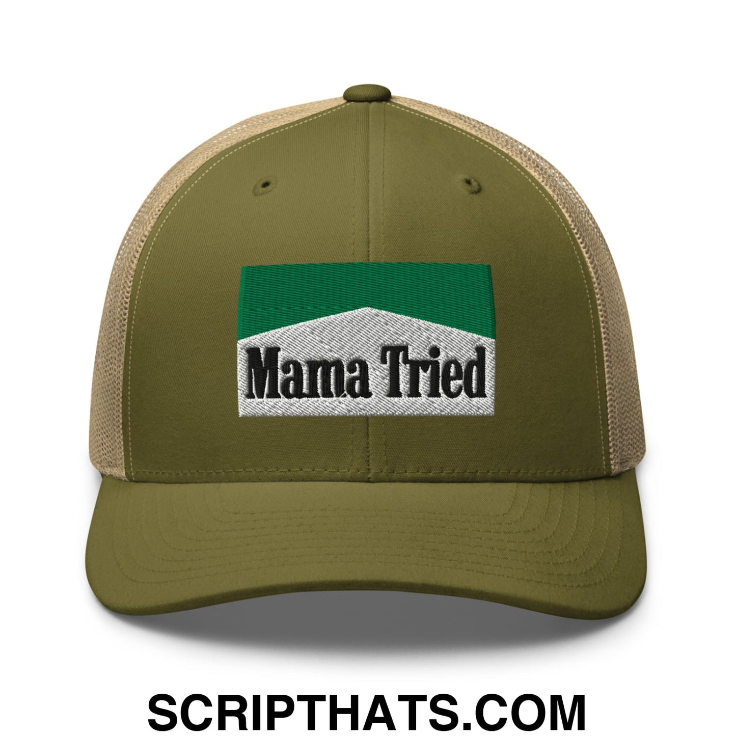 Mama Tried Cigarette Menthol Green Embroidered Mesh Trucker Hat Moss Khaki