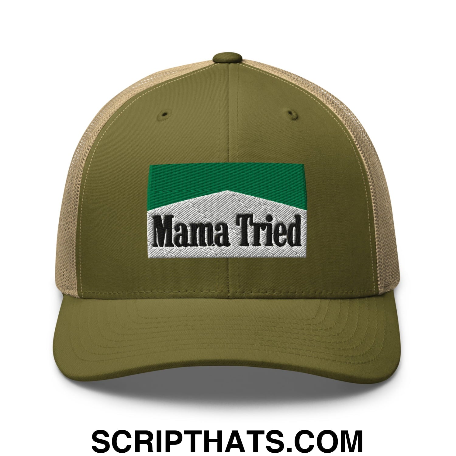 Mama Tried Cigarette Menthol Green Embroidered Mesh Trucker Hat Moss Khaki