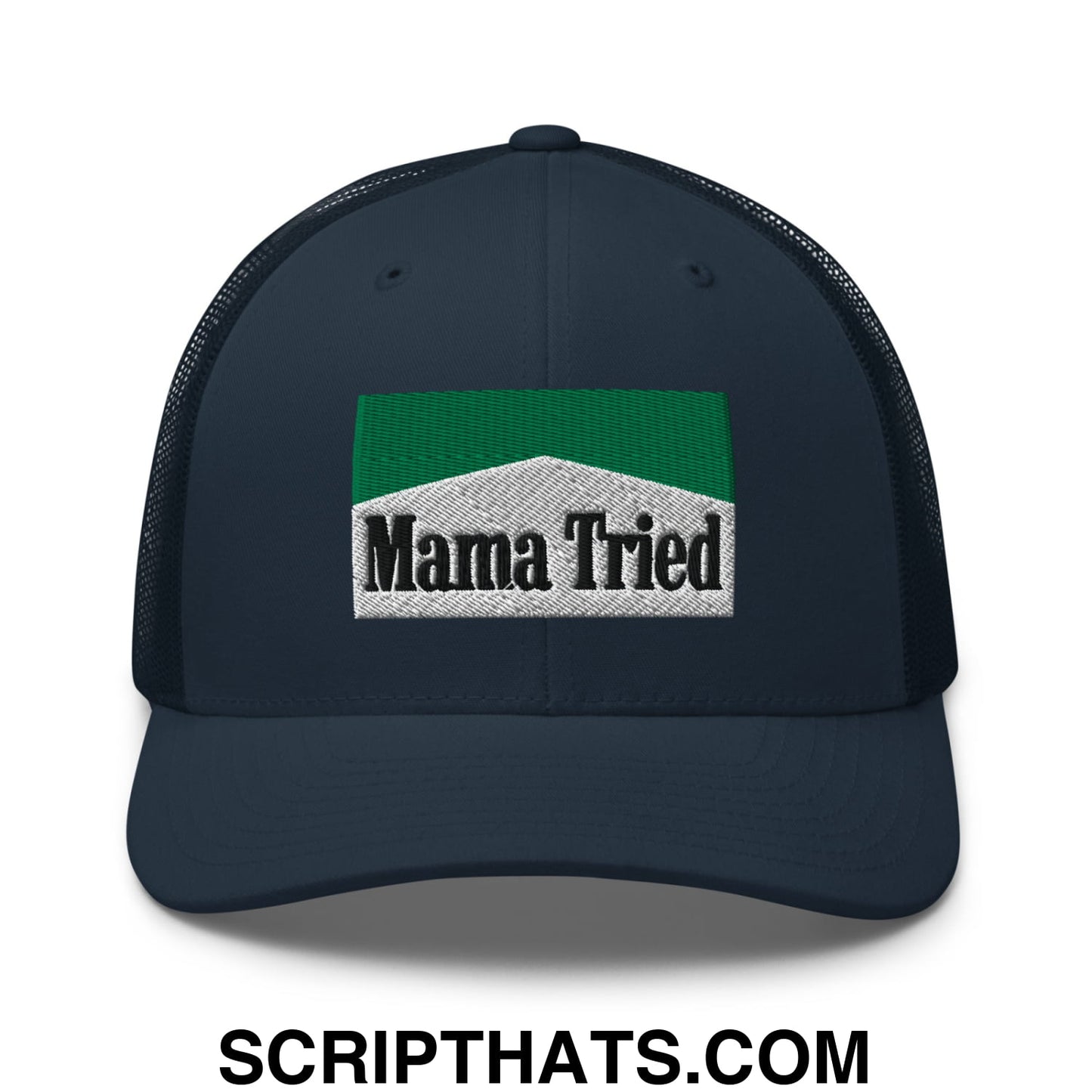 Mama Tried Cigarette Menthol Green Embroidered Mesh Trucker Hat Navy