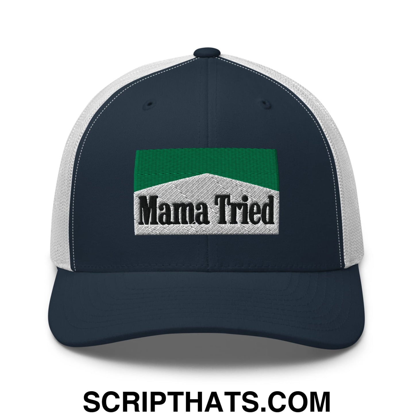 Mama Tried Cigarette Menthol Green Embroidered Mesh Trucker Hat Navy White