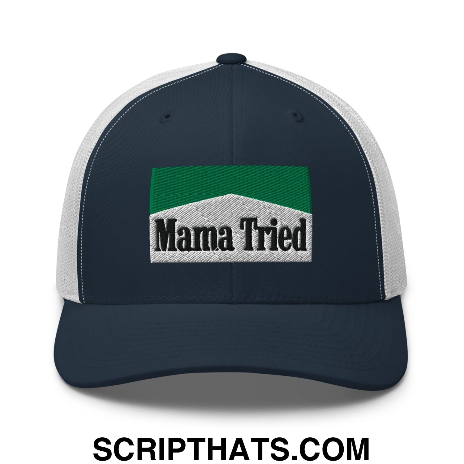 Mama Tried Cigarette Menthol Green Embroidered Mesh Trucker Hat Navy White