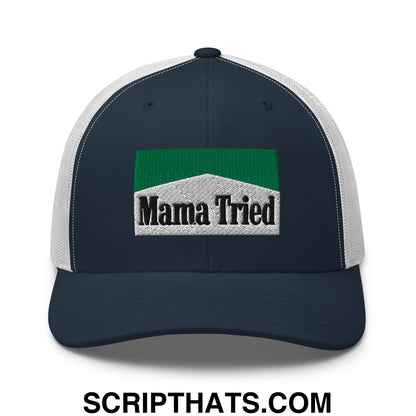 Mama Tried Cigarette Menthol Green Embroidered Mesh Trucker Hat Navy White
