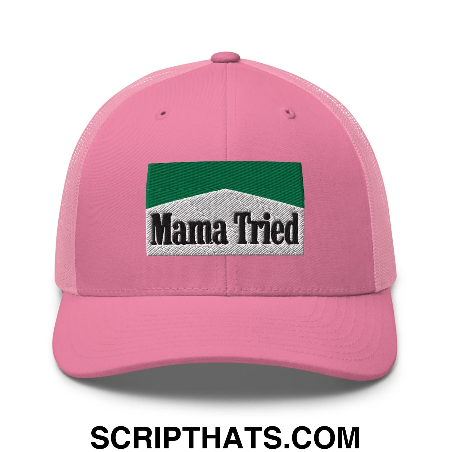 Mama Tried Cigarette Menthol Green Embroidered Mesh Trucker Hat Pink