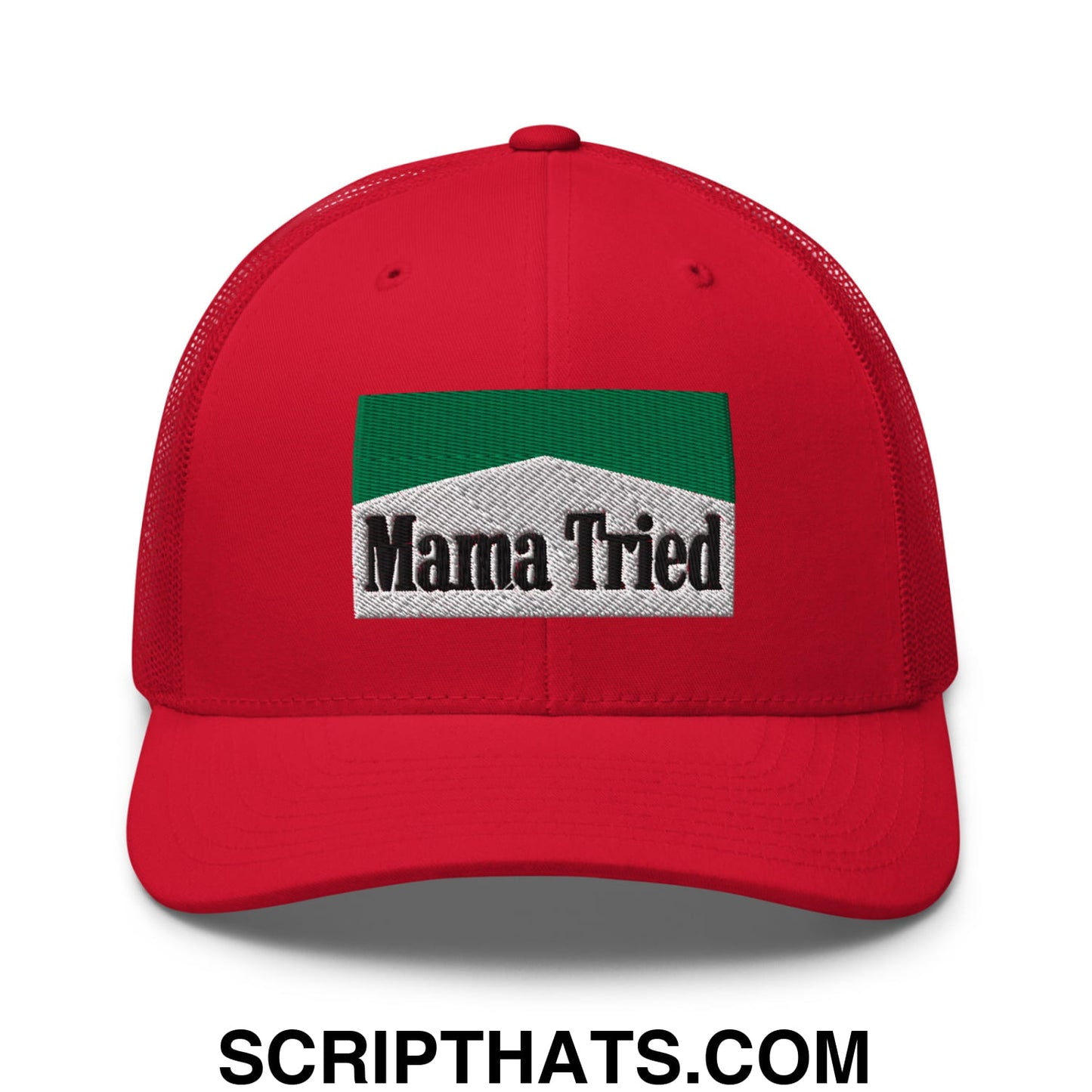 Mama Tried Cigarette Menthol Green Embroidered Mesh Trucker Hat Red