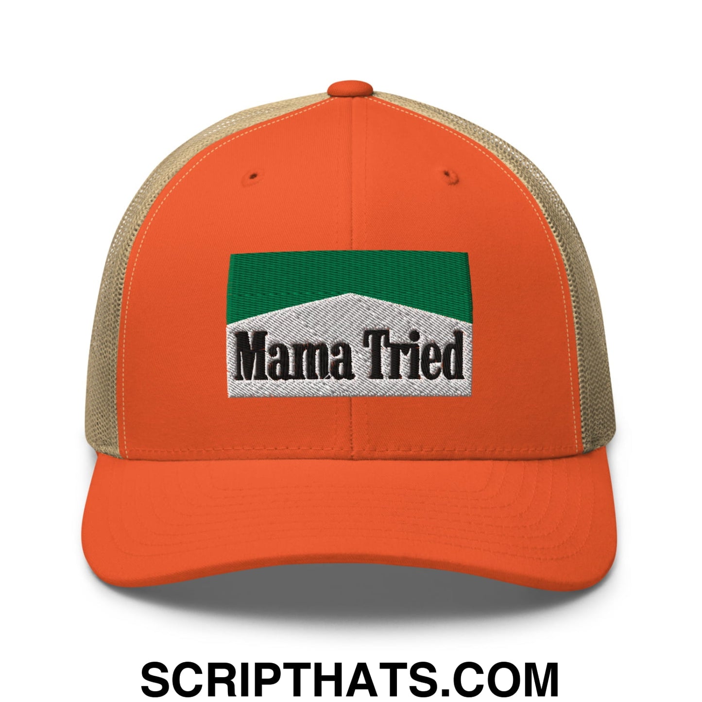 Mama Tried Cigarette Menthol Green Embroidered Mesh Trucker Hat Rustic Orange Khaki