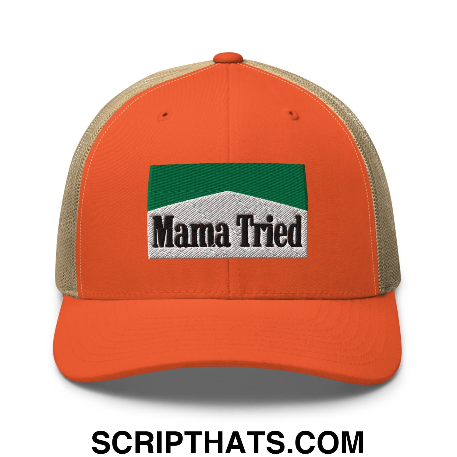 Mama Tried Cigarette Menthol Green Embroidered Mesh Trucker Hat Rustic Orange Khaki