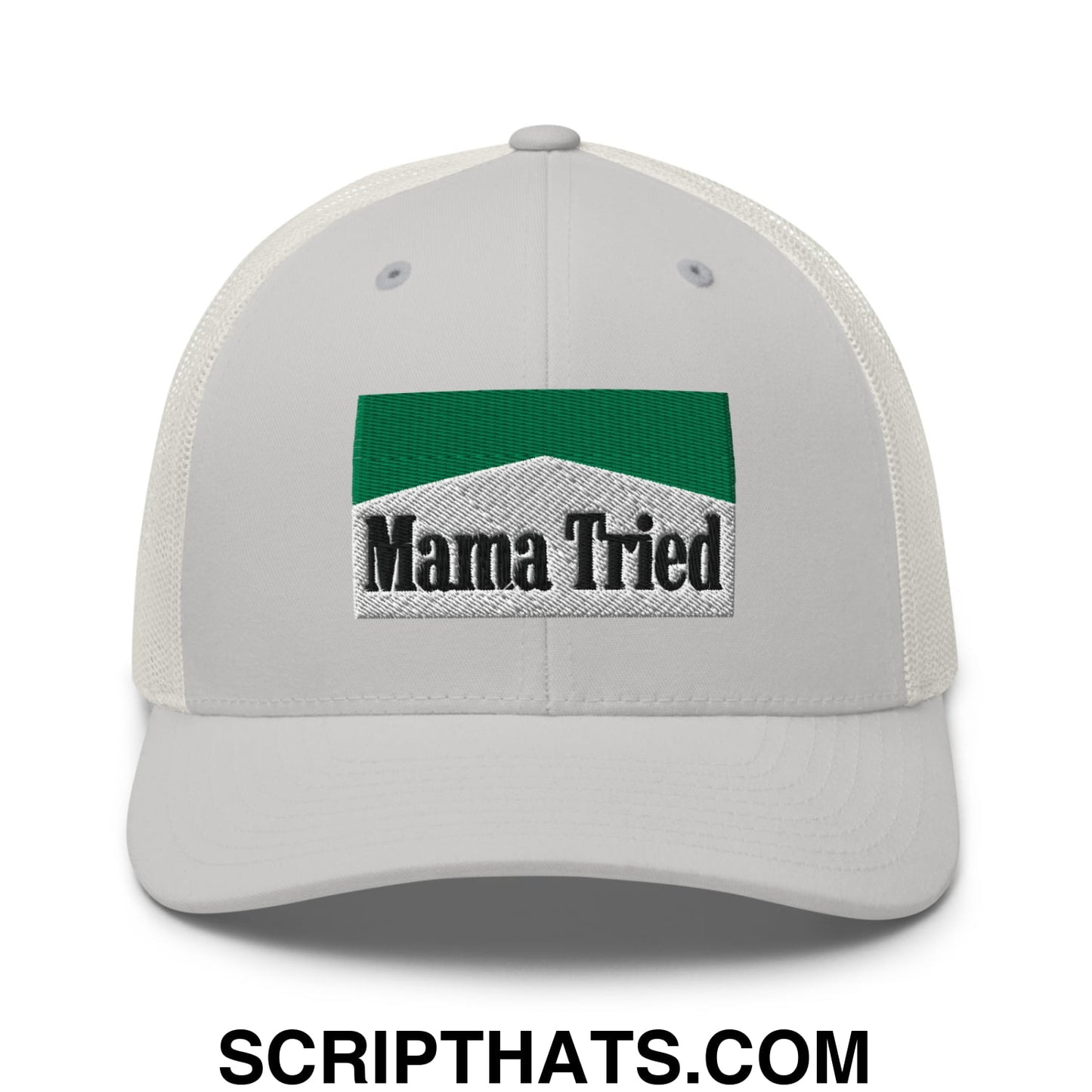 Mama Tried Cigarette Menthol Green Embroidered Mesh Trucker Hat Silver