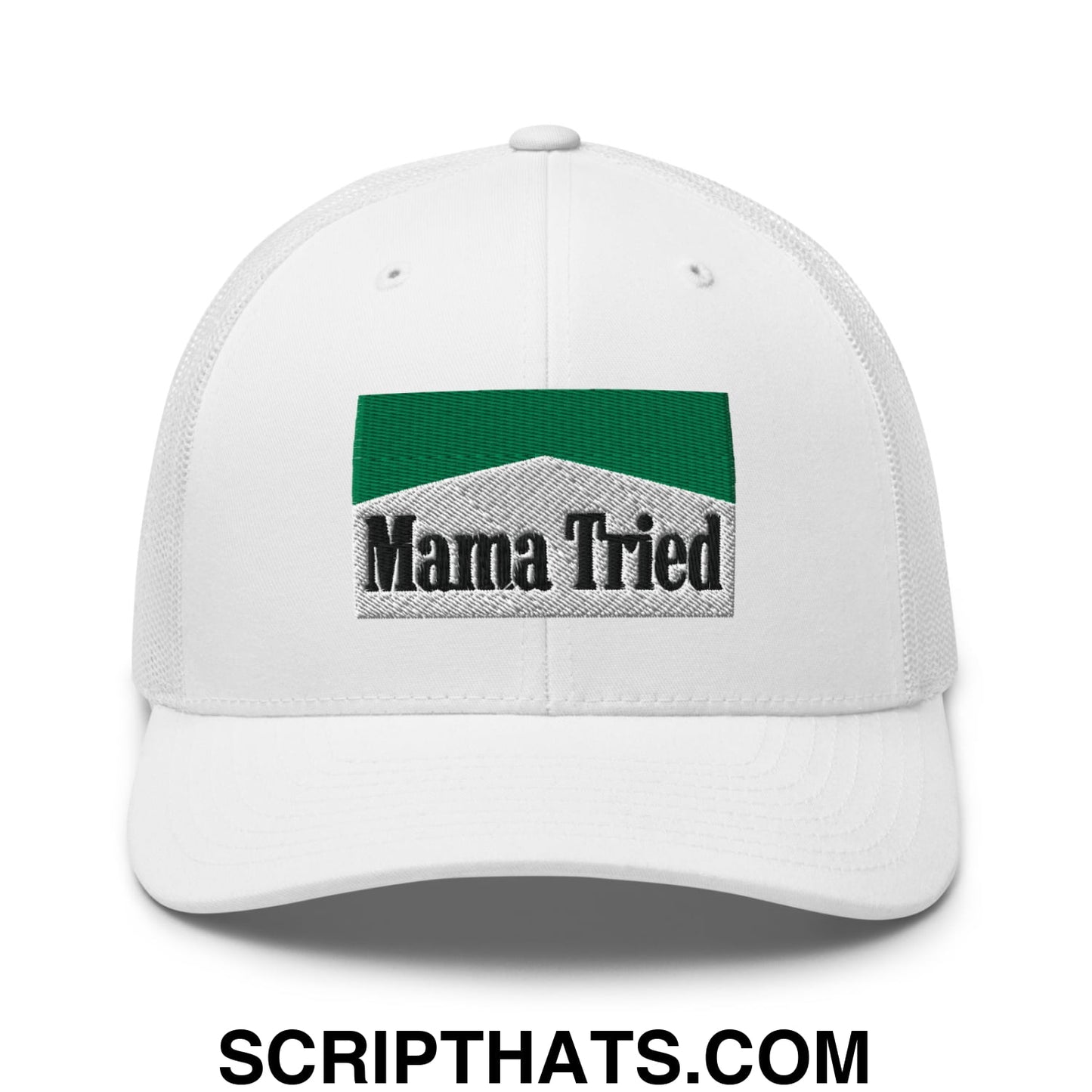 Mama Tried Cigarette Menthol Green Embroidered Mesh Trucker Hat White