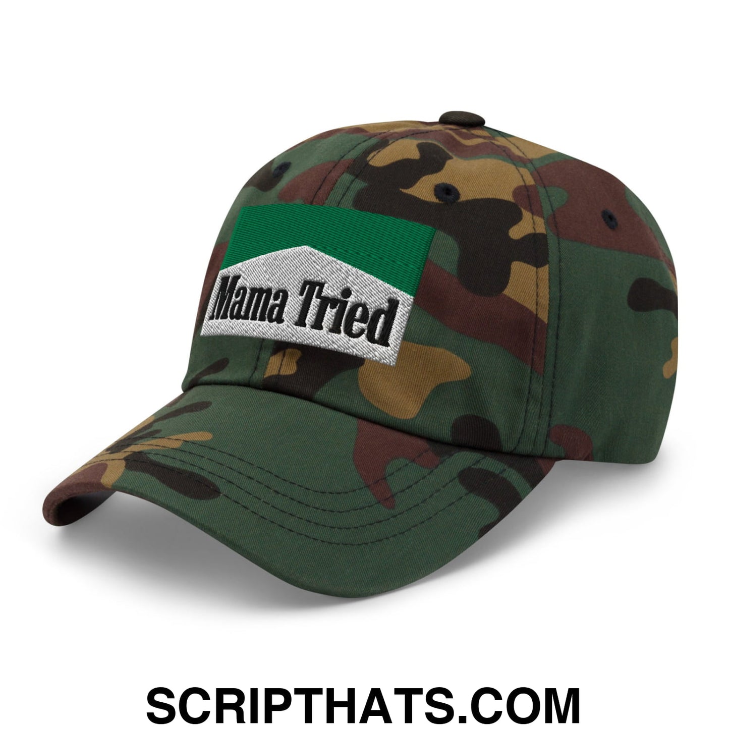 Mama Tried Cigarette Menthol Green Embroidered Unstructured Dad Hat Green Camo