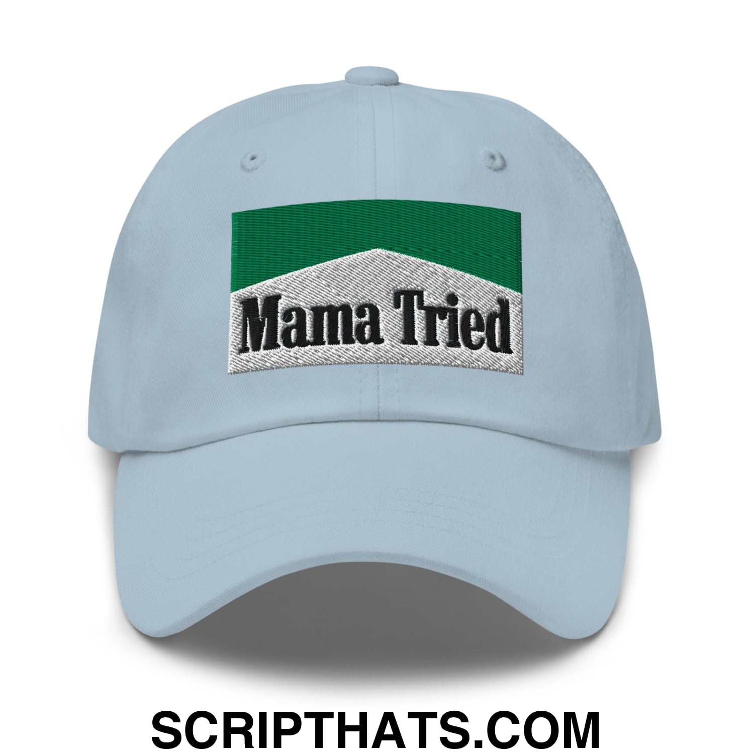 Mama Tried Cigarette Menthol Green Embroidered Unstructured Dad Hat Light Blue