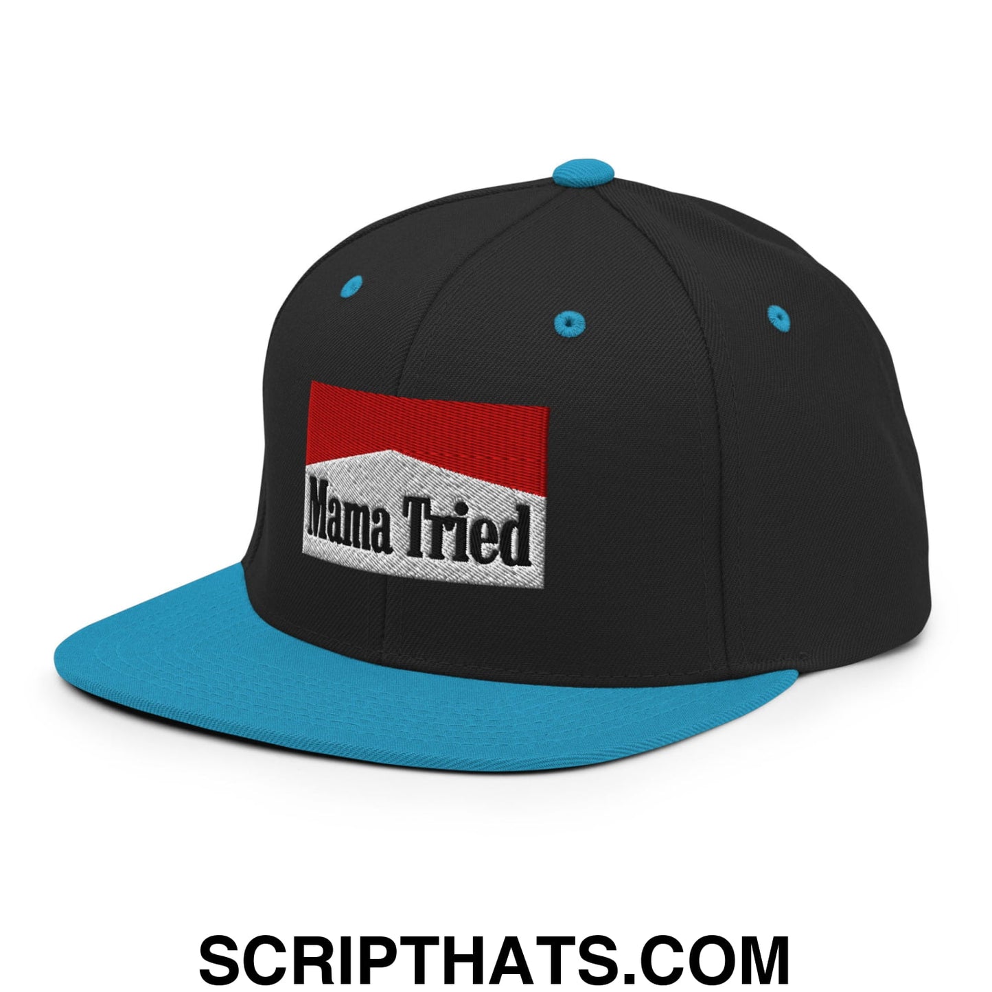 Mama Tried Cigarette Red Embroidered Flat Bill Brim Snapback Hat Black Teal